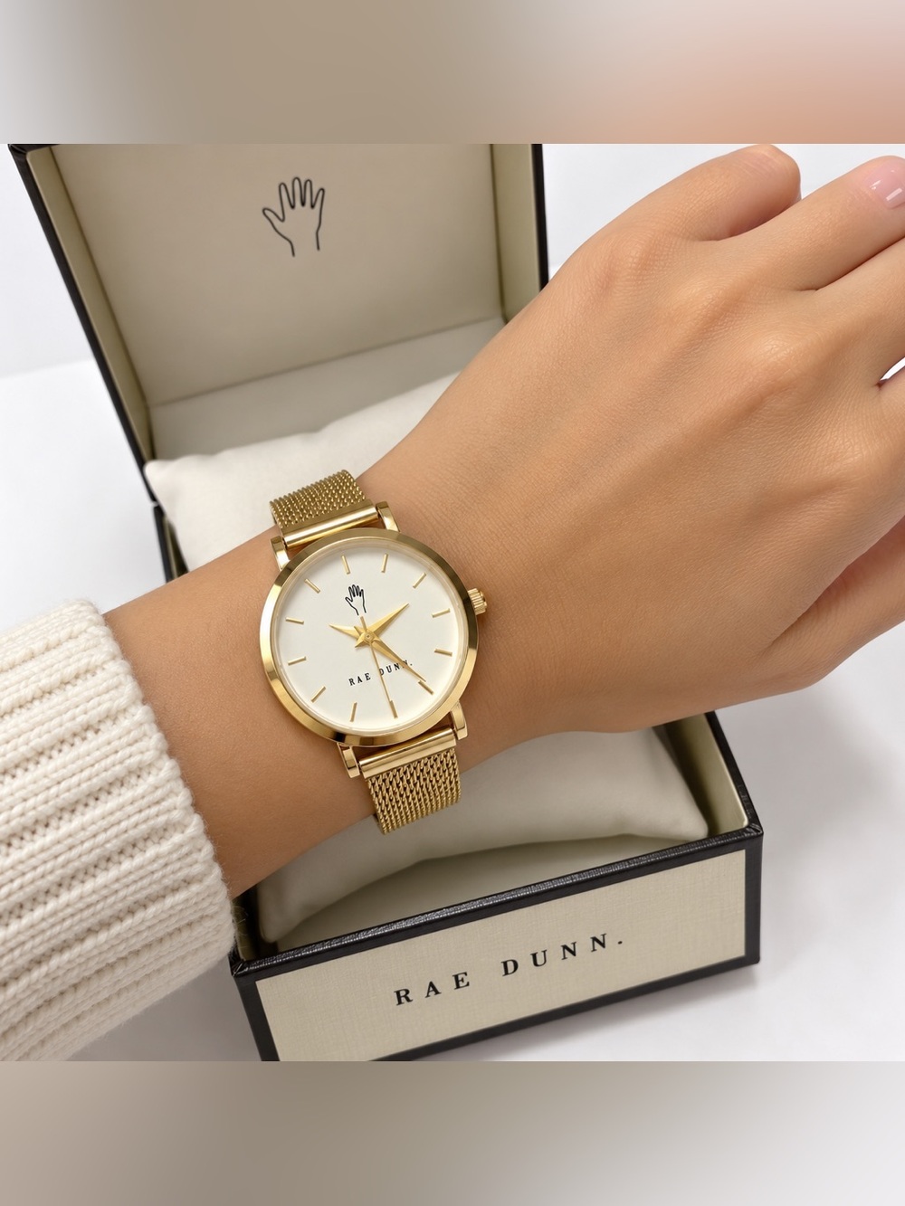 Rae Dunn Womenβs Gold Tone Quartz Analog Watch White Dial Mesh Band w/ Box